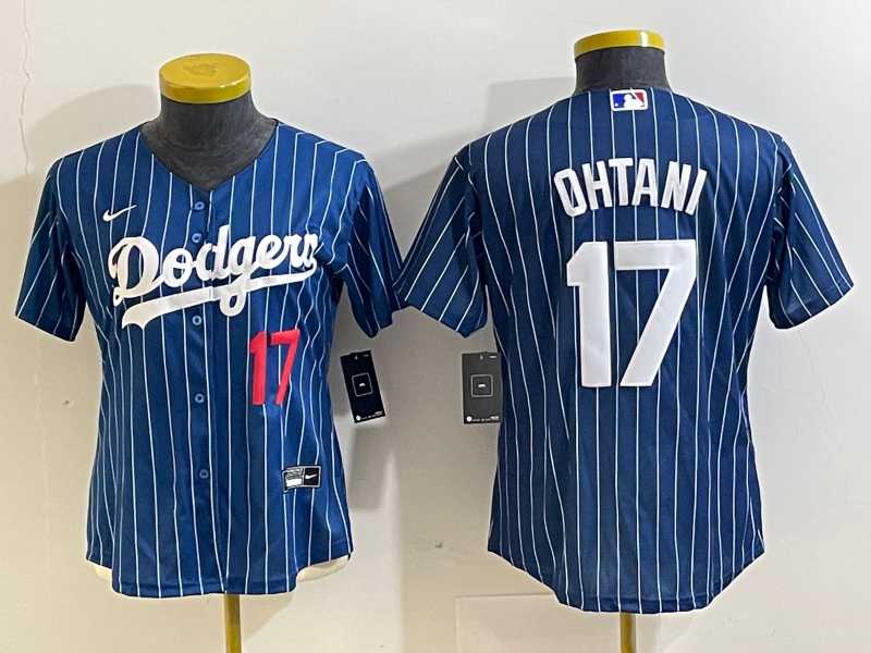 Women%27s Los Angeles Dodgers #17 Shohei Ohtani Number Red Navy Blue Pinstripe Stitched Cool Base Nike Jerseys
